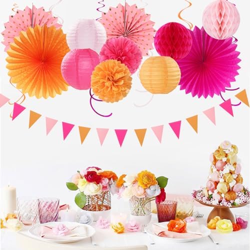 Pink-Orange Fall Party-Decorations Paper-Flowers Lanterns - 20PCS Autumn Wedding Birthday Tissue Pom Poms Streamers Fans Honeycomb, Groovy Boho Baby Shower Rustic Hanging Supplies Decor Burgleda