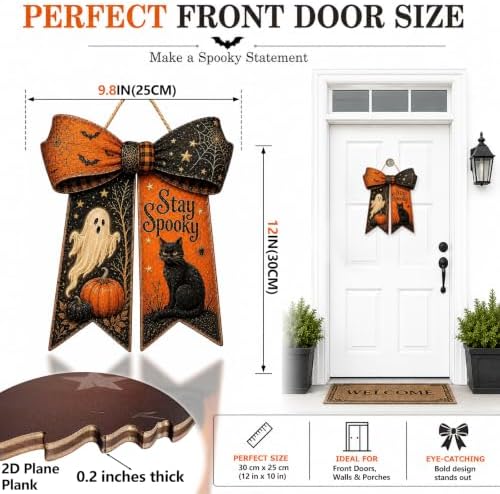 Halloween Bow Door Hanger Ghost Cat Black Orange Front Porch Wooden Sign