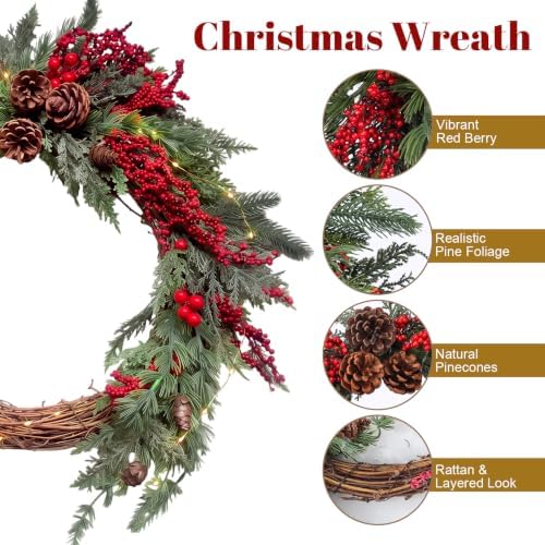 Yinder 20 Inch Christmas Wreath with LED Lights Red Berry Rattan