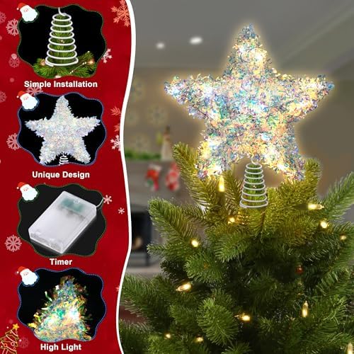 LAWOHO Christmas Tree Topper Star, Exquisite Christmas Decor, 10 Inch Shiny Iridescent Christmas Tree Decoration with 6H Timer, 20 Warm LED Lights for Xmas Tree, Holiday & Party, Indoor Decor