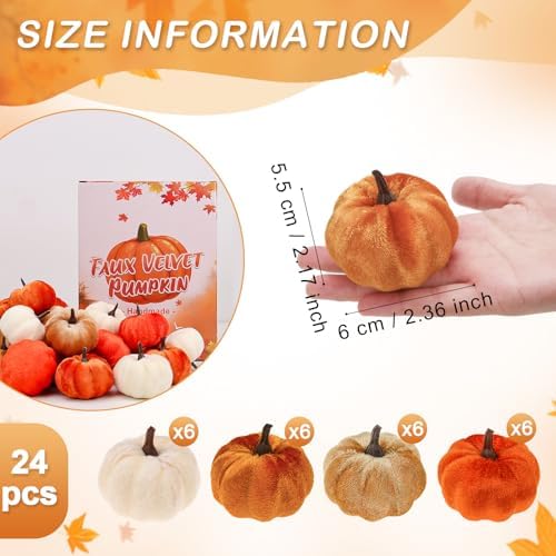 Folmywy 24 Pcs Faux Velvet Pumpkins Small Artificial Fall Harvest Pumpkin
