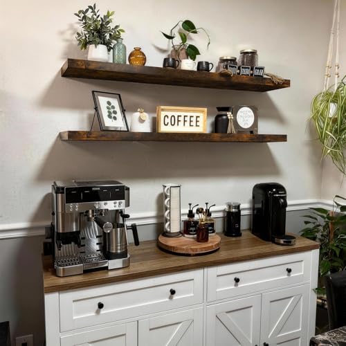 BAYKA Rustic Brown Floating Shelves 47.2in, Set of 2, Wall Mount Wood Shelf