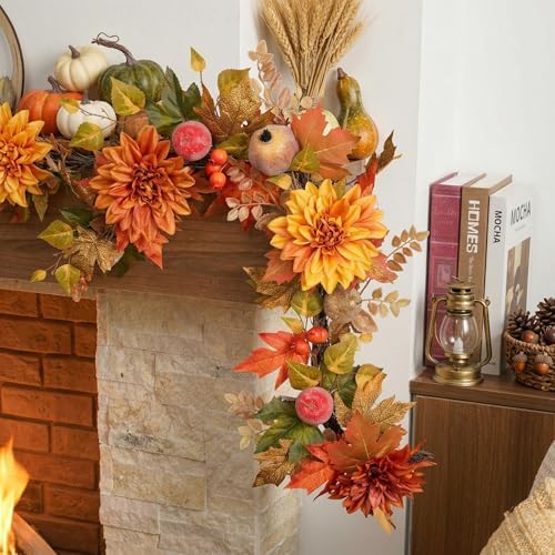 Valery Madelyn 6ft Pre-Lit Fruits & Dahlia Fall Garland for Mantel