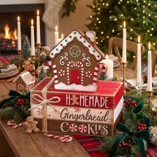 Geelin 4 Pcs Christmas Tiered Tray Decor Wooden Book Stack Signs, Gingerbread Christmas House Table Decor, Farmhouse Rustic Centerpieces for Shelf Coffee Bar Office Desk Decorations