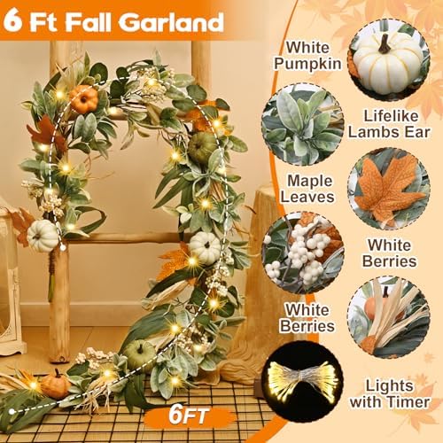 Fall Garland for Mantel, 6 FT Fall Garland with Lights