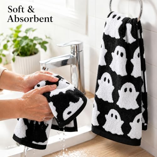 2Pcs Halloween Ghost Hand Towels, Black White Decor for Home/Kitchen/Bath