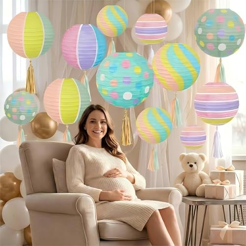 12 Pack Pastel Paper Lanterns for Easter Party Decorations