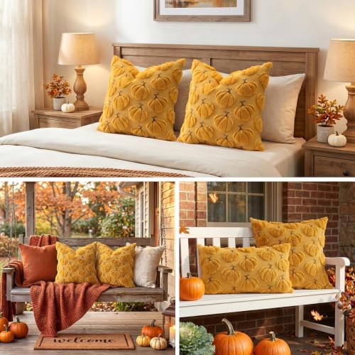 Artscope Pumpkin Fall Throw Pillow Covers 20x20 Set of 2, Autumn Soft Plush Faux Fur Decoration Cushion Covers for Thanksgiving Holiday Couch Sofa Bedroom Home Decor-Mustard Yellow