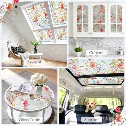 rabbitgoo Stained Glass Window Privacy Film, Cosmos Floral, 17.5" x 157.4"