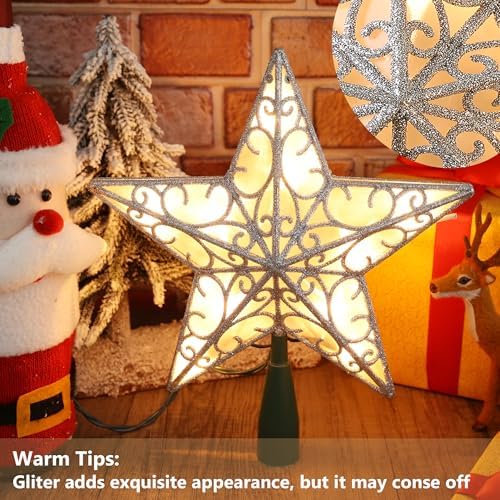 ODEETRONIC Silver 3D Christmas Star Tree Topper, 9.5" Double Sided Lighted