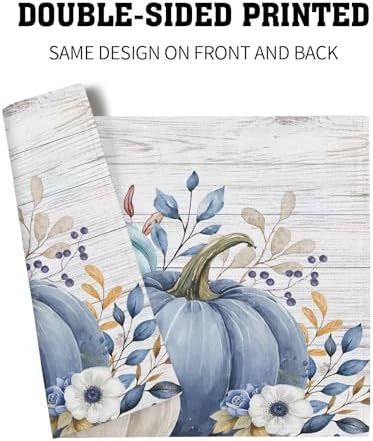 Thanksgiving Placemats Set of 6 18x12 Inch Fall Blue Pumpkin Linen Place Mats Heat-Resistant Washable Wipeable Autumn Leaf Floral Wood Grain Table Mat for Party Kitchen Dining Room Dinner Table Decor