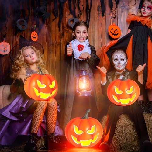 Rocinha 2 Pack Plastic Jack O Lantern Pumpkins Halloween Light up Pumpkin Outdoor Indoor Battery Operated Lighted Pumpkin with Spooky Face Halloween Pumpkins Decorations Party Favor Gifts