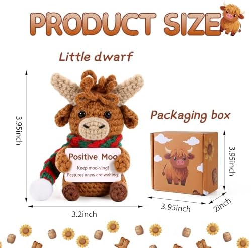 Positive Crochet Highland Cow Gifts with Positive Messages& Box, Emotional Support Crochet Animals of Desk Decor for Dad Father Day Men Women Coworker Friends, Crochet Cow Gifts for Birthday