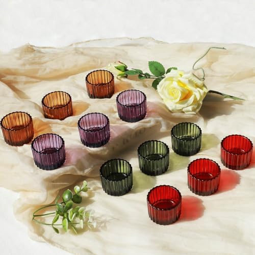 VOHO 4 Colors Tealight Candle Holder Fall Decor, Set of 12 Glass Votives
