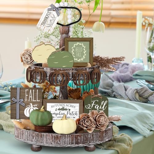 Reallnaive 18 Pcs Fall Thanksgiving Tiered Tray Decor Set Pumpkin Buffalo Plaid Wood Sign Hello Fall Rustic Farmhouse Neutral Tray Decoration Tabletop Sign for Autumn Home Kitchen Festival(Sage Green)