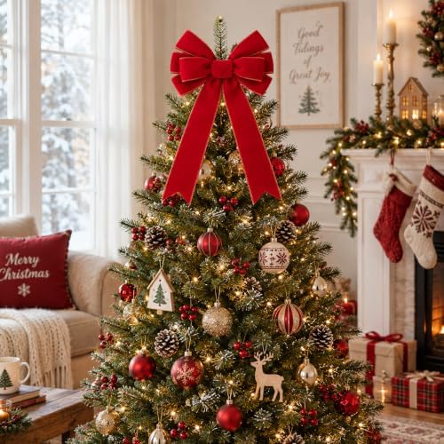12 Pcs Golden Edged Red Velvet Tree Topper Bows, Large Christmas Wreath Bow