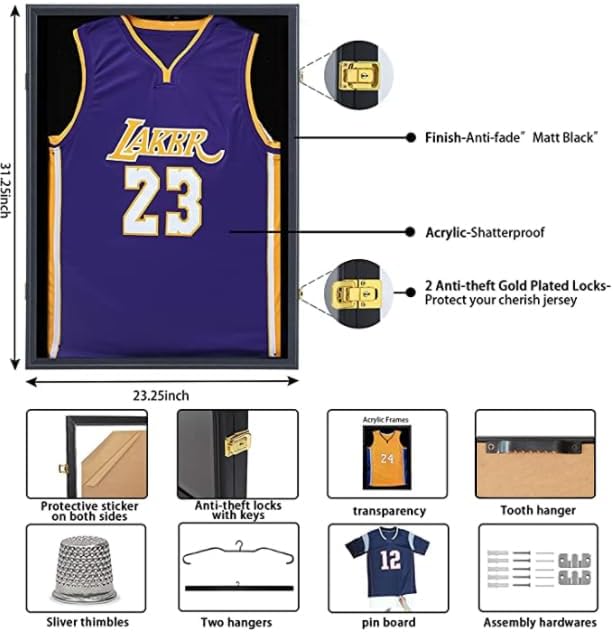 Large Lockable Jersey Frame with UV Acrylic for wall Display, 3 Pack | shatterproof acrylic,anti-theft gold