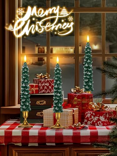 3 Pack Christmas Tree Candles with Remote- Real Wax Flameless Taper Candles, 9.7in Green Candlesticks Battery Operated for Home Table Metal Xmas Holiday Indoor Decorations Gifts