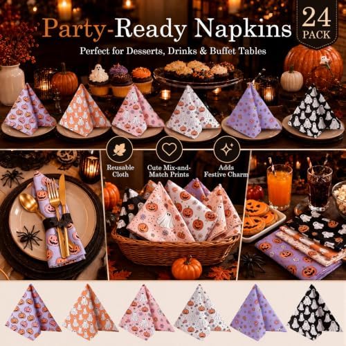 Mixweer 24 Pack Halloween Cloth Napkins Bulk, 15 x 15 Inch Square