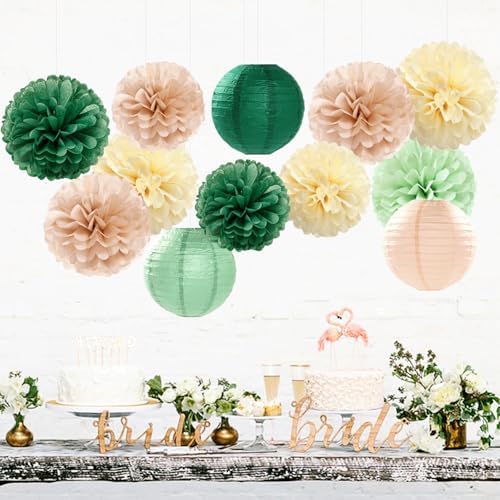 Sage-Olive Green Party-Decorations Paper-Flowers Lanterns - 15PCS Safari Boho Birthday Rustic Tissue Pom Poms Streamers, Baby Shower Neutral Garden Wedding Graduation Hanging Supplies Decor Hugfond