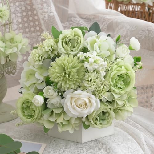 4 Pcs Mixed Artificial Peony Flowers Set-2 Bouquets & 2 Stems, Green Fake Peony Rose Hydrangea Flower for Vase Silk Floral Arrangements for Table Centerpiece Wedding Party Bridal Decoration Home Decor