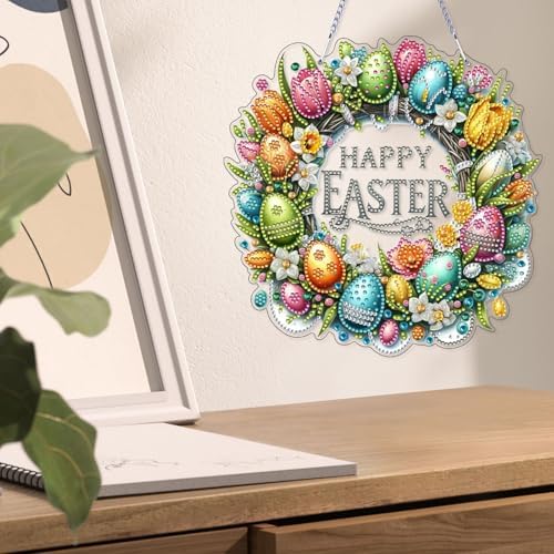 VODAPYC Easter Wreath Diamond Art Hanging Kits for Adults, DIY Double Sided Partial Special Shaped Diamond Art Window Pendant Ornament(Happy Easter Wreath)