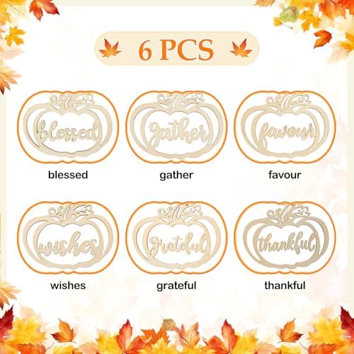 6Pcs Fall Thanksgiving Pumpkin Wood Napkin Rings, Thanksgiving Table Decor