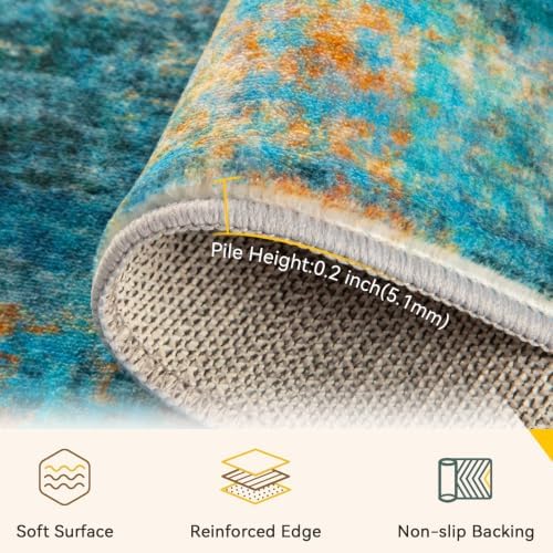 RELEANY Washable Round 8ft Area Rug for Living Room Teal Multi