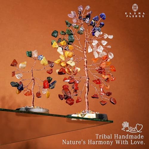 KARMAPLEDGE Set of 2 Crystal Trees Unique Birthday Gifts for Women, Mom & Dad, Slice Base Handmade Reiki Healing Stones