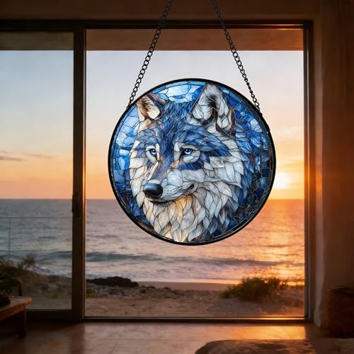 Blue Wolf Stained Glass Window Hanging Suncatcher Gifts for Women 12"