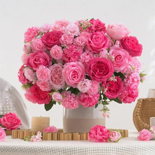 8 Pcs Mixed Artificial Peony Flowers Set-4 Bouquets & 4 Stems, Pink Fake Peony Rose Hydrangea Flowers for Vase Silk Floral Arrangements for Table Centerpiece Wedding Party Bridal Decoration Home Decor