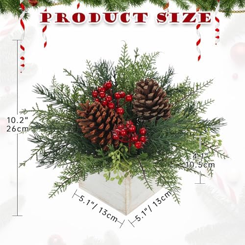 Christmas Centerpieces Table Decorations 10" Small Artificial Potted Christmas Tree Tabletop Pine Plants with Red Berry Pine Cones in Wooden Pot for Home Winter Xmas Mantel Farmhouse Indoor Decor
