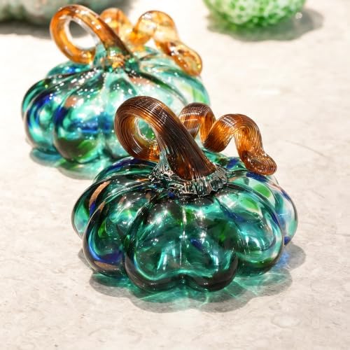Green Hand Blown Glass Pumpkin Crystal Pumpkin Harvest Halloween Decor Gift