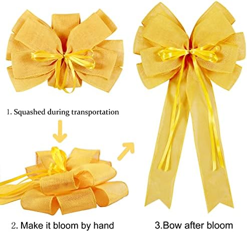 Hongsome 2 Pcs Large Yellow Easter Wreath Bow Decor, Classic Glitter String & Burlap Ribbon, Spring/Summer/Autumn/Winter Tree Topper Bows