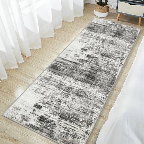 2'6''x8' Runner Rugs Washable Rug:Modern Abstract Hallway Black Grey Carpet