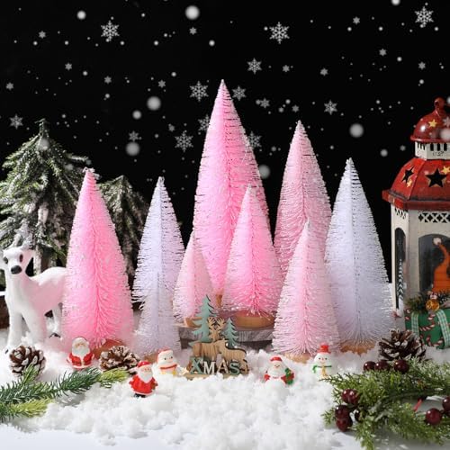 Leyndo 18 Pcs Pink Classic Artificial Mini Christmas Tree with Wood Base
