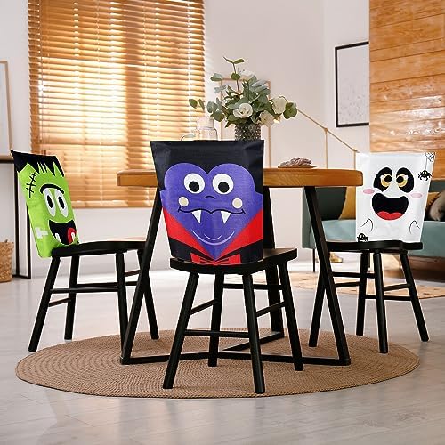 Whaline 4 Pack Halloween Chair Covers Spooky Chair Back Covers Cute Cartoon Halloween Characters Dining Room Seat Covers Removable Washable Chair Slipcovers for Halloween Party Home Kitchen Decor