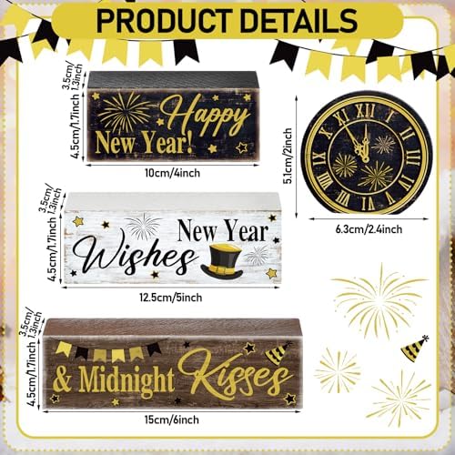 Moucuny 4 Pcs New Year Table Decorations, Happy New Year Wood Block Sign