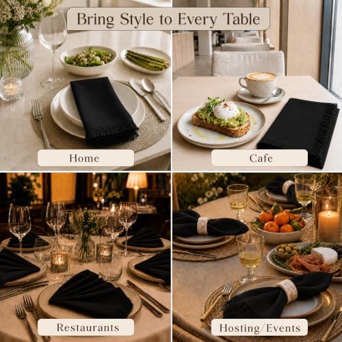 CLOUDLOOM 100% Cotton Fringe Cloth Napkins, Black, Set of 6, 20"x20"