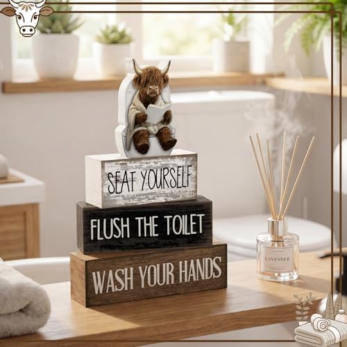 Moucuny 4 Pcs Highland Cow Bathroom Decor Funny Wooden Signs Farmhouse