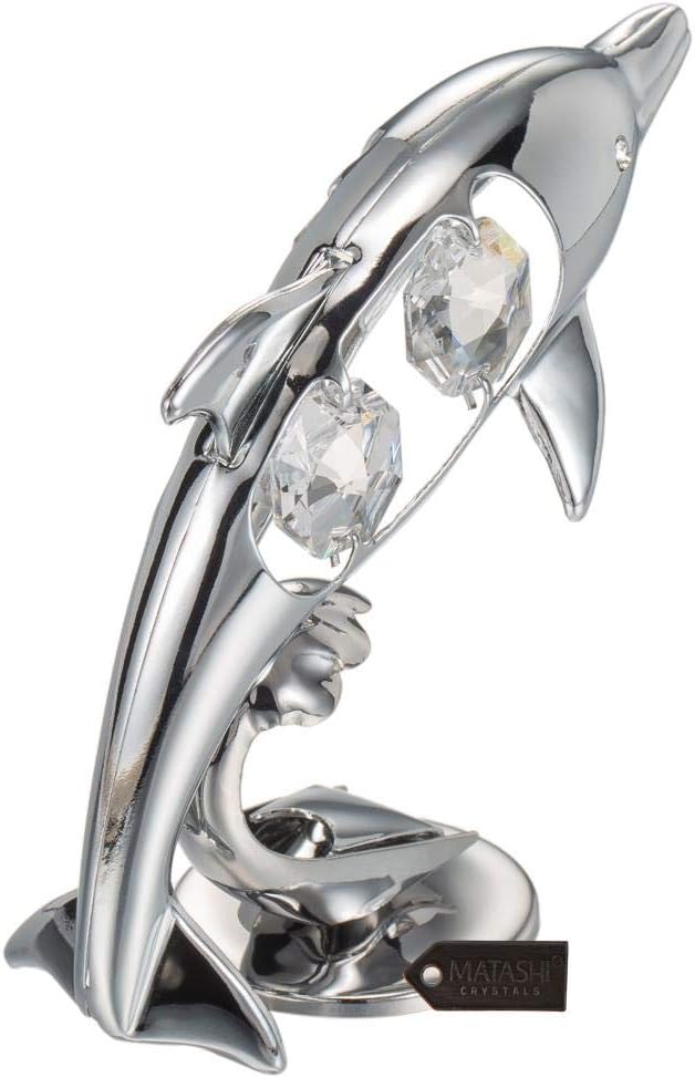 Chrome Plated Crystal Studded Dolphin Riding Wave Figurine Tabletop Ornament Decorative / Silver