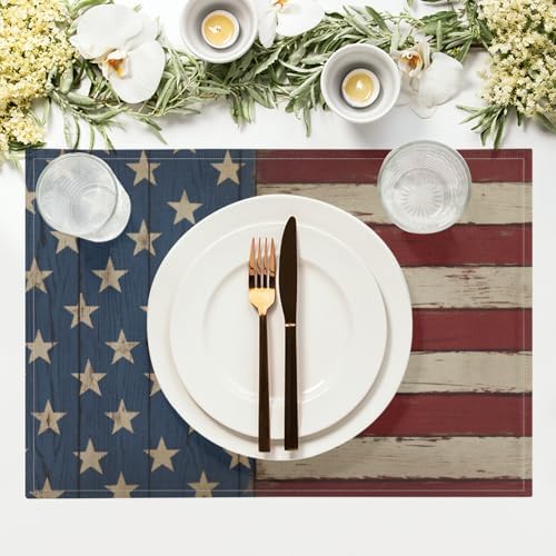 4th of July Placemats Set of 4 18x12 Inch Patriotic American Flag Linen Place Mats Heat-Resistant Washable Wipeable Independence Day Memorial Day Table Mat for Party Kitchen Dining Room Dinner Table