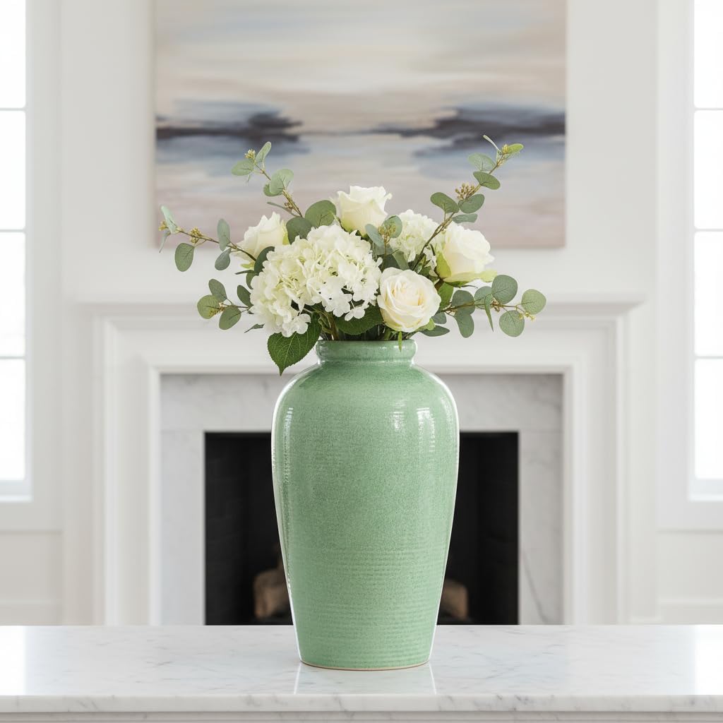 Ceramic Vase / Tall Modern Flower Vase for Pampas Grass / 11 Inch / Green