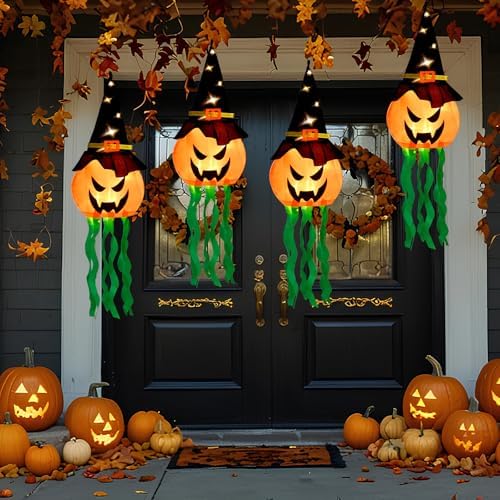 4 PCS Hanging Lighted Glowing Pumpkin Witch Hat with 3 Modes Lighted Up