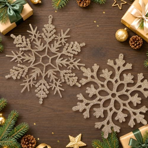 12pcs Large Champagne Gold Snowflakes Ornaments 12” Big Plastic Glitter Snowflake for Winter Indoor Outdoor Christmas Tree Window Room Decorations Giant Craft Snowflakes