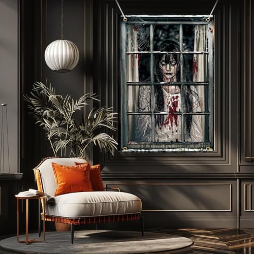 Halloween Ghost Curtains Decorations, Halloween Window Silhouettes Scary Screen- Little Girl Window Cover Decor for Indoor Wall Outdoor Party Decorations