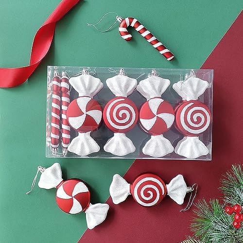 12 Pcs Christmas Candy Cane Ornaments,6.5 Inch Red White Assorted Shape