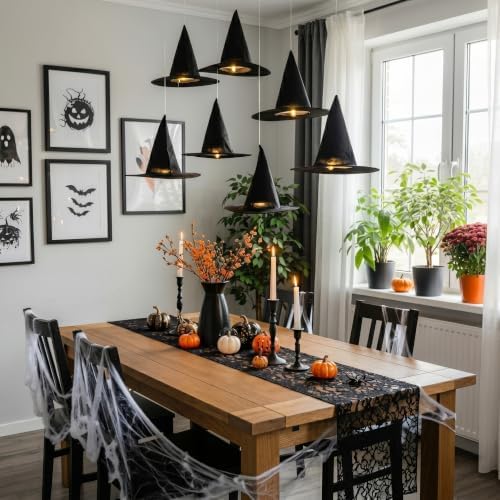 taupphoo Halloween Black Witch Hats DIY Floating Light up Witch Hats with Tea Lights 3D Bats Wall Decorations