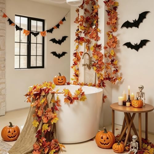 CQURE 15 Pack Fall Garland, 88.5Ft Artificial Autumn Maple Leaves Vines Thanksgiving Halloween Harvest Decor for Fireplace Mantle Table Indoor Outdoor