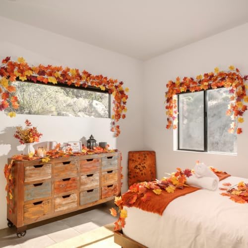 CQURE 18 Pack Fall Leaf Garland, Total 140 Ft Artificial Fall Maple Leaves Autumn Vines Garland Thanksgiving Decor for Home Fireplace Party